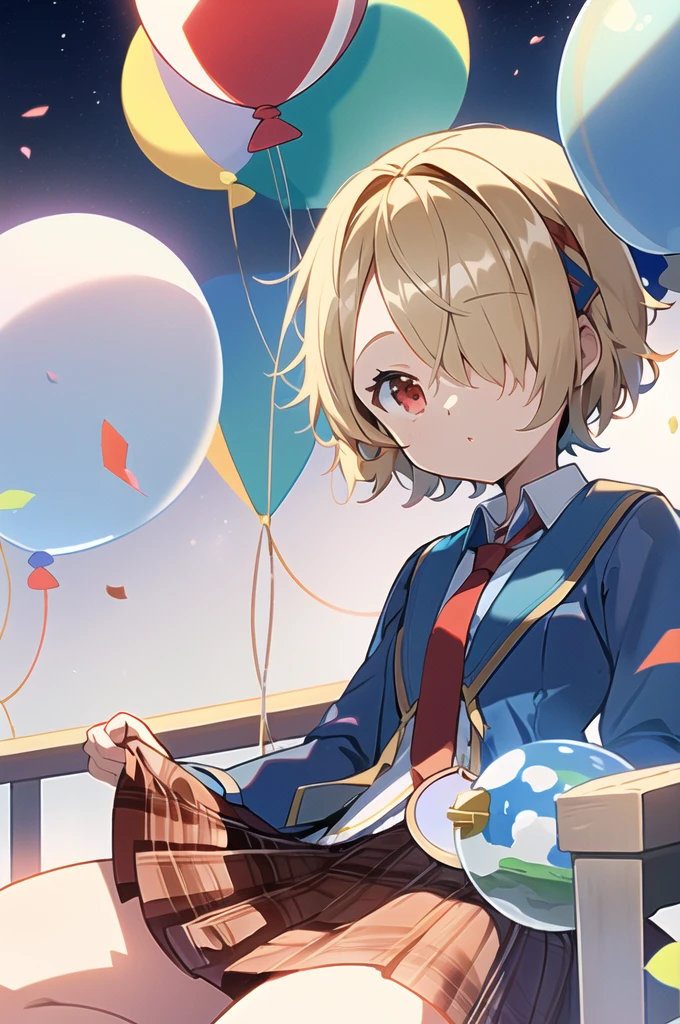 ([balloon:small planets:0.5]:1.4), (small_planets inside of balloon:1.4), (A lot of colorful small_planets:1.35)
(colorful planets, Earth, Floating Petals, big balloon:1.22),
1 Girl, Cute face,
whole body, Sitting, Beautiful eyes in every detail, barefoot, Outfit combinations, goddess, Perfect body, [Browsing Caution:0.88]
(Sitting on ice_planet:1.22)
(A lot of [Floating blue butterfly:floating ice:0.4]:1.22)
(Detailed light), (Very delicate and beautiful), Volumetric Light, Best Shadow,Cinema Lighting, Depth of written boundary, Dynamic Angle, Oily skin,(Barrette)、(((Hair on one eye)))、(((Blonde short hair))),(Red eyes)、(((Blue blazer)))、(White shirt)、(Red tie)、(((Brown plaid skirt)))、