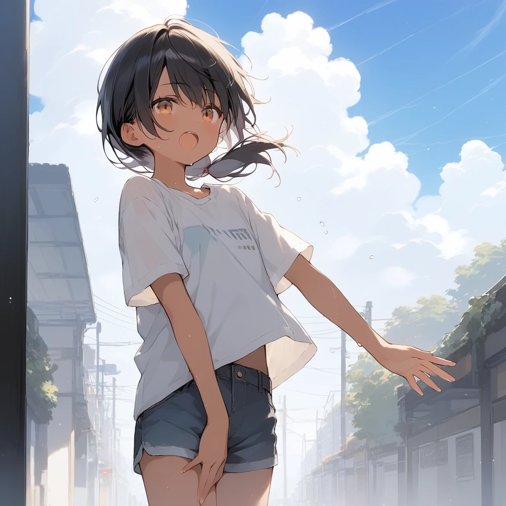 score_9, score_8_up, score_7_up, source_anime, best quality, masterpiece, official art, absurdres, highres, ultra-detailed,waifu2x,Collection: Slice of Life,break,1girl, tomboy, dark-skinned female, short hair, low ponytail, flat chest, beautiful detailed eyes, short shorts, sweat, open mouth, (yawn:0.3), sleepily, outdoors, wind, break,(clear line illustration:1.2),very high resolution, very aesthetic, super detailed skin, Best sexual lighting powered by famous artist, 8k,cute picture,beauty illustration,photoshop_(medium),,(Detailed Lighting),best anime 8k konachan wallpaper, pixiv contest winner,