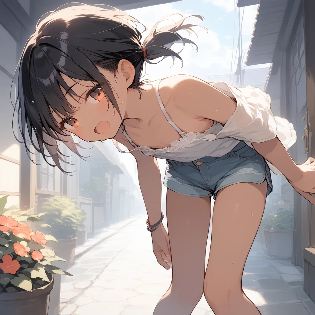 score_9, score_8_up, score_7_up, source_anime, best quality, masterpiece, official art, absurdres, highres, ultra-detailed,waifu2x,Collection: Slice of Life,break,1girl, tomboy, dark-skinned female, short hair, low ponytail, flat chest, beautiful detailed eyes, short shorts, sweat, open mouth, (yawn:0.3), sleepily, outdoors, wind, break,(clear line illustration:1.2),very high resolution, very aesthetic, super detailed skin, Best sexual lighting powered by famous artist, 8k,cute picture,beauty illustration,photoshop_(medium),,(Detailed Lighting),best anime 8k konachan wallpaper, pixiv contest winner,