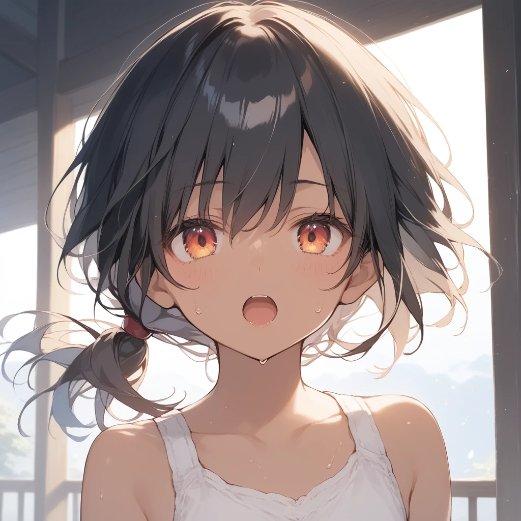 score_9, score_8_up, score_7_up, source_anime, best quality, masterpiece, official art, absurdres, highres, ultra-detailed,waifu2x,Collection: Slice of Life,break,1girl, tomboy, dark-skinned female, short hair, low ponytail, flat chest, beautiful detailed eyes, short shorts, sweat, open mouth, (yawn:0.3), sleepily, outdoors, wind, break,(clear line illustration:1.2),very high resolution, very aesthetic, super detailed skin, Best sexual lighting powered by famous artist, 8k,cute picture,beauty illustration,photoshop_(medium),,(Detailed Lighting),best anime 8k konachan wallpaper, pixiv contest winner,