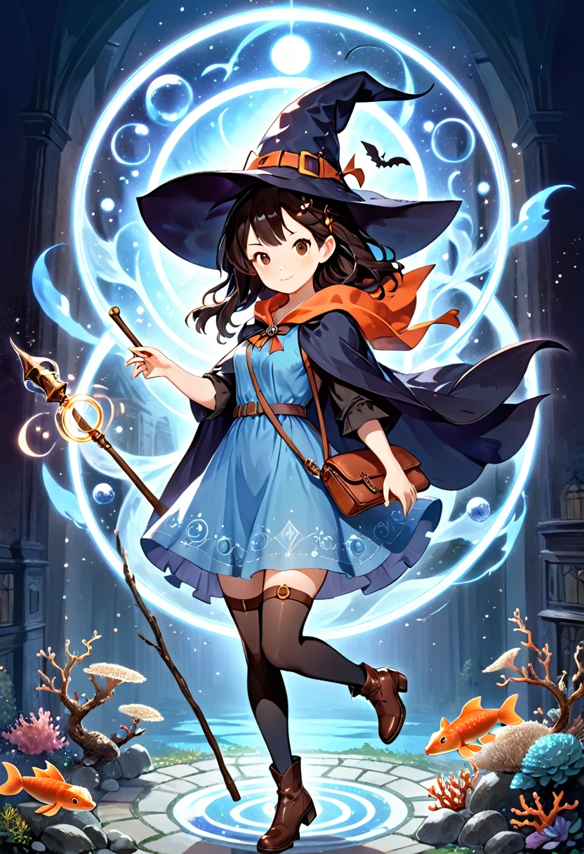 A beautiful witch in the style of Studio Ghibli, 1.55 tall, 16 years old, medium-length black hair, light brown eyes, fair skin, wearing a knee-length transparent blue dress, black stockings and dark brown boots, a black and cinnamon cloak, a light brown handbag and a magic wand made of coral lizard. 8k image, ((highest quality)),(ultra high resolution),(Super detailed),(detailed description),((best GC)),(best artwork),super art precision,great drawing- art(Fantasy art with precise details:1.5),(witch:1.6),(and pretty cute shaped face:a 1.5),(Magic circle floating:1.6),dynamic pose:1.5,boots:1.3, magic circle, final fantasy XV style, 4K, super sexy