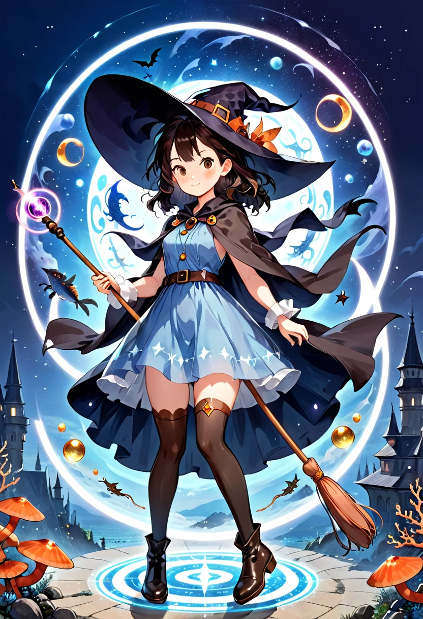 A beautiful witch in the style of Studio Ghibli, 1.55 tall, , medium-length black hair, light brown eyes, fair skin, wearing a knee-length transparent blue dress, black stockings and dark brown boots, a black and cinnamon cloak, a light brown handbag and a magic wand made of coral lizard. 8k image, ((highest quality)),(ultra high resolution),(Super detailed),(detailed description),((best GC)),(best artwork),super art precision,great drawing- art(Fantasy art with precise details:1.5),(witch:1.6),(and pretty cute shaped face:a 1.5),(Magic circle floating:1.6),dynamic pose:1.5,boots:1.3, magic circle, final fantasy XV style, 4K, super sexy