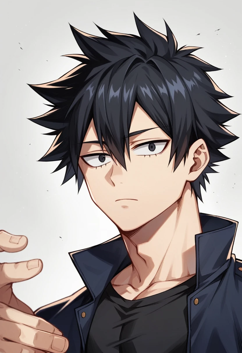 A high boy, handsome, perfect body, black hair, short hair, mullet black eyes, expressionless, black shirt, black jacket, anime, first-person view, My Hero Academia art style, masterpiece, anatomically correct, high details, highres, best quality, super detail, 1080P