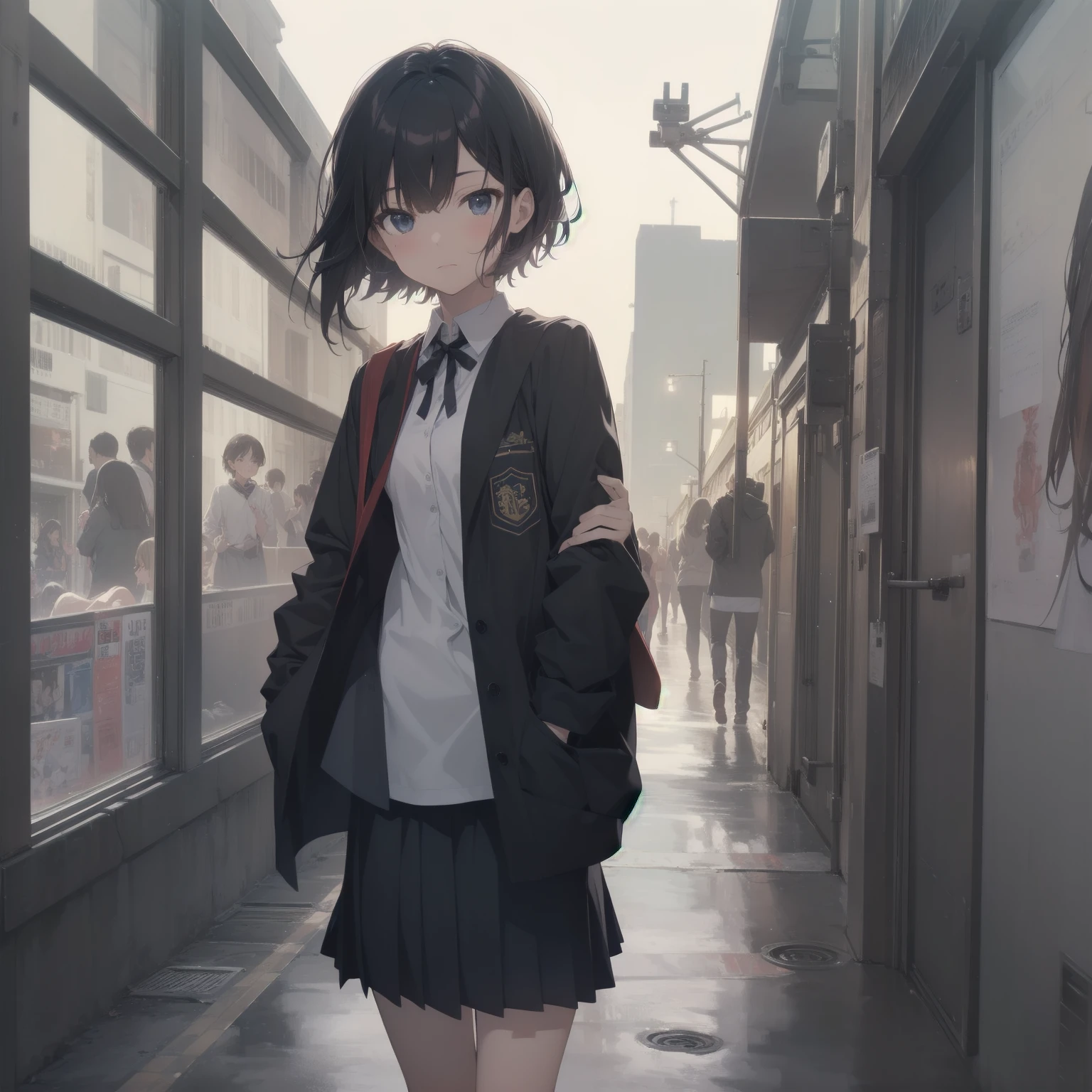 ultra-absurdres-Top quality by artist God, ultra-detailed, high resolution, anime moe artstyle, best anime 8k konachan wallpaper, pixiv contest winner, pool:2810, perfect anatomy,break, 1girl, (Please draw a girl walking sleepily to school alone. )break,(Solo,little female, 13-year-old:1.3),Full limbs, complete fingers,a junior high school student, (very short hair), short cut, flat chest, , small butt, small black eyes, beautiful detailed eyes, well-proportioned iris and pupils, expressive eyes, highres detailed hair, soft expression, salor school_uniform, sailor collar, serahuku, bow, pleated skirt,(Detailed Lighting), (Detailed background), in the School commute route. break,super detailed skin, Best cinematic lighting powered by famous artist, 8k,beauty illustration,photoshop_(medium),very aesthetic,break,((artist:saiguchi_otoufu )), artist:clamp ,artist:carnelian ,artist:kantoku ,