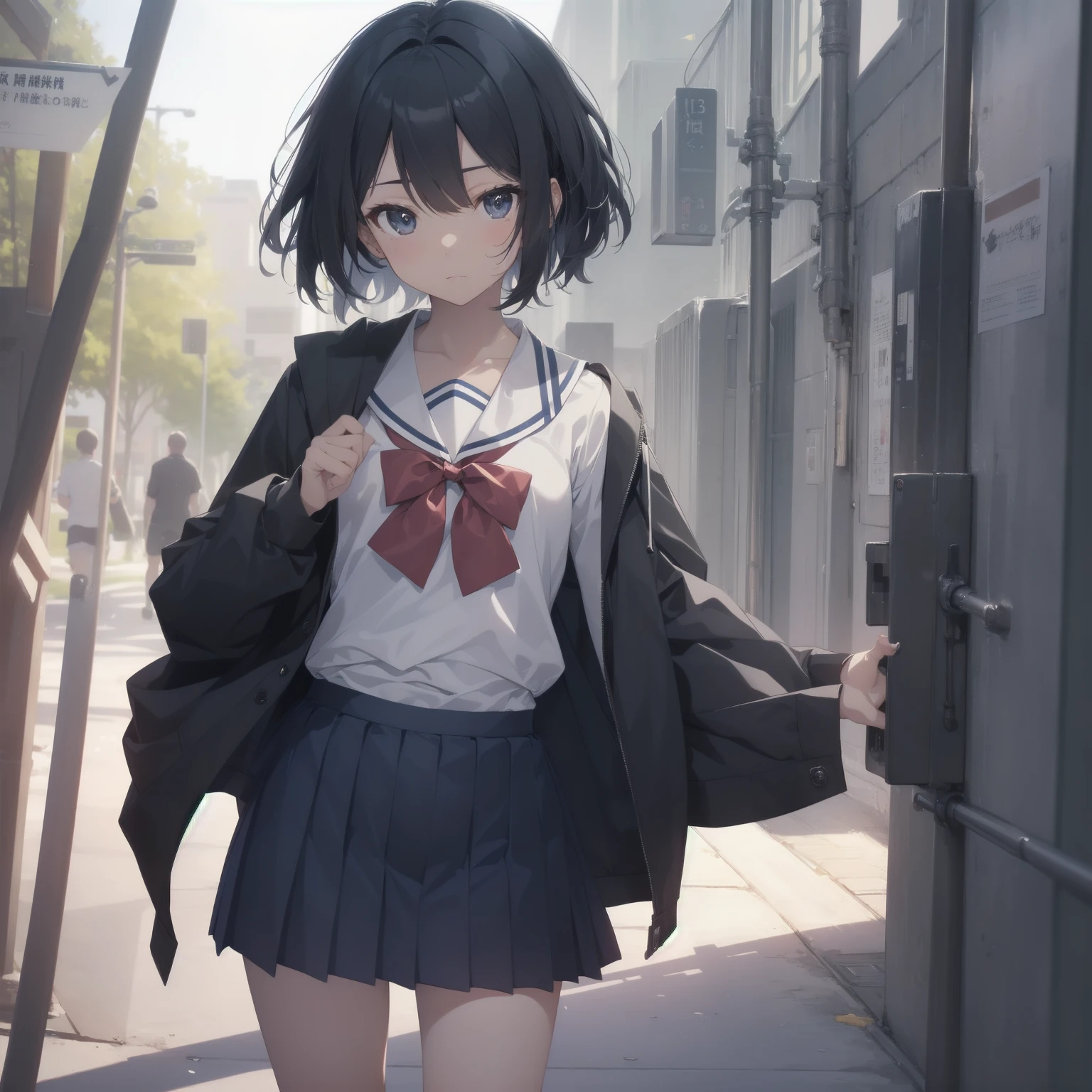 ultra-absurdres-Top quality by artist God, ultra-detailed, high resolution, anime moe artstyle, best anime 8k konachan wallpaper, pixiv contest winner, pool:2810, perfect ???????,break, 1girl, (Please draw a girl walking sleepily to school alone. )break,(Solo,little female, 13-year-old:1.3),Full limbs, complete fingers,a junior high school student, (very short hair), short cut, flat chest, , small butt, small black eyes, beautiful detailed eyes, well-proportioned iris and pupils, expressive eyes, highres detailed hair, soft expression, salor school_uniform, sailor collar, serahuku, bow, pleated skirt,(Detailed Lighting), (Detailed background), in the School commute route. break,super detailed skin, Best cinematic lighting powered by famous artist, 8k,beauty illustration,photoshop_(medium),very aesthetic,break,((artist:saiguchi_otoufu )), artist:clamp ,artist:carnelian ,artist:kantoku ,