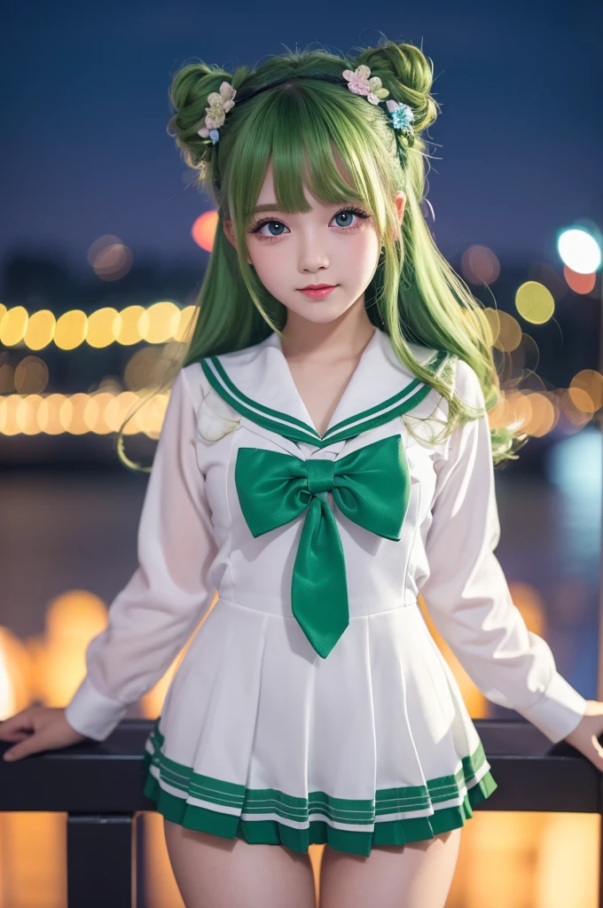 masterpiece)), ((best quality)), (ultra-detailed), ((kawaii)), cute, (lovely), ((extremely detailed)), 4K, (8K), best quality, (beautiful), dynamic angle, city, town, night, a cute girl, solo, (idol), (young entertainer), beautiful light green hair, (beautiful eyes), sailor suit,
