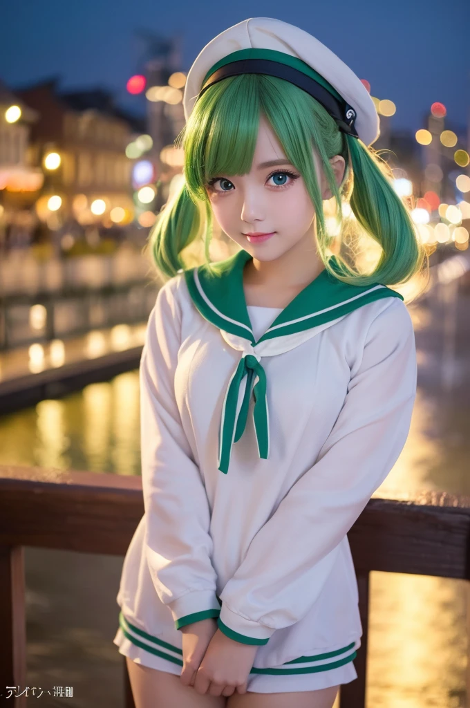 masterpiece)), ((best quality)), (ultra-detailed), ((kawaii)), cute, (lovely), ((extremely detailed)), 4K, (8K), best quality, (beautiful), dynamic angle, city, town, night, a cute girl, solo, (idol), (young entertainer), beautiful light green hair, (beautiful eyes), sailor suit,