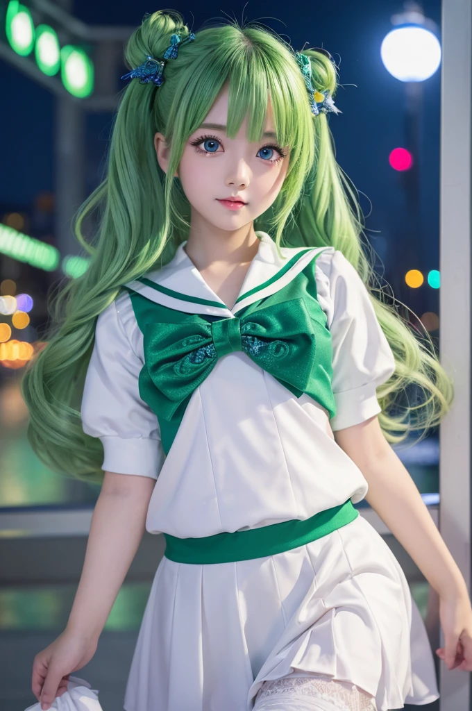 masterpiece)), ((best quality)), (ultra-detailed), ((kawaii)), cute, (lovely), ((extremely detailed)), 4K, (8K), best quality, (beautiful), dynamic angle, city, town, night, a cute girl, solo, (idol), (young entertainer), beautiful light green hair, (beautiful eyes), sailor suit,