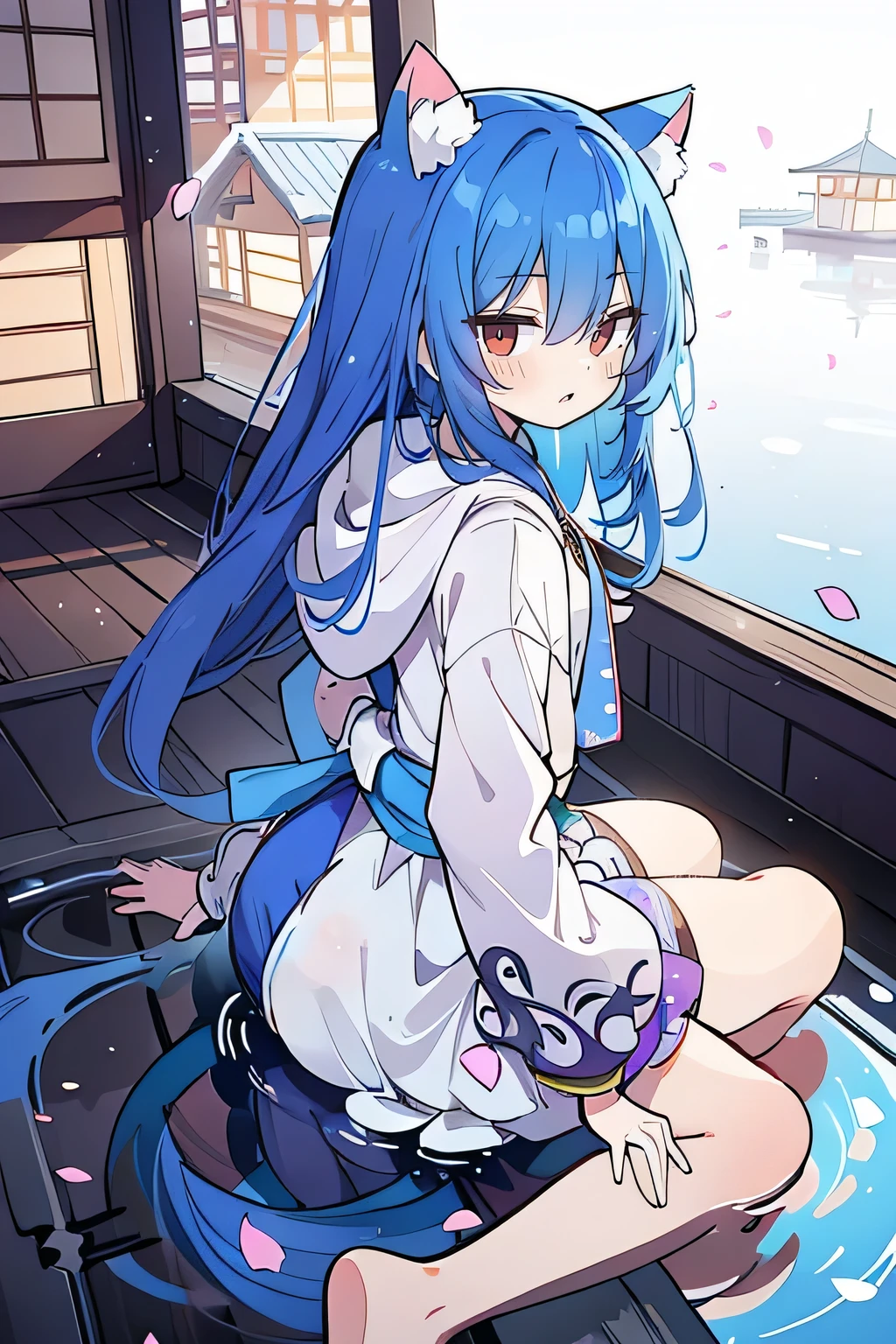 （masterpiece：1.2），Super detailed，lifelike，Expressive eyes，fair skin，perfect face shape，1 girl，
Japanese comics,Gorgeous blue hair,flowing blue hair,flowing clothes,Cat ears,Petals fall,beautiful lola,Baby Angel,
Shaking head with one hand，Cross your legs，Gentle and peaceful background，The pavilion is cool and comfortable,smile, wearing hoodie, background of tokyo,back views,snowing, winter,lie on the water. 