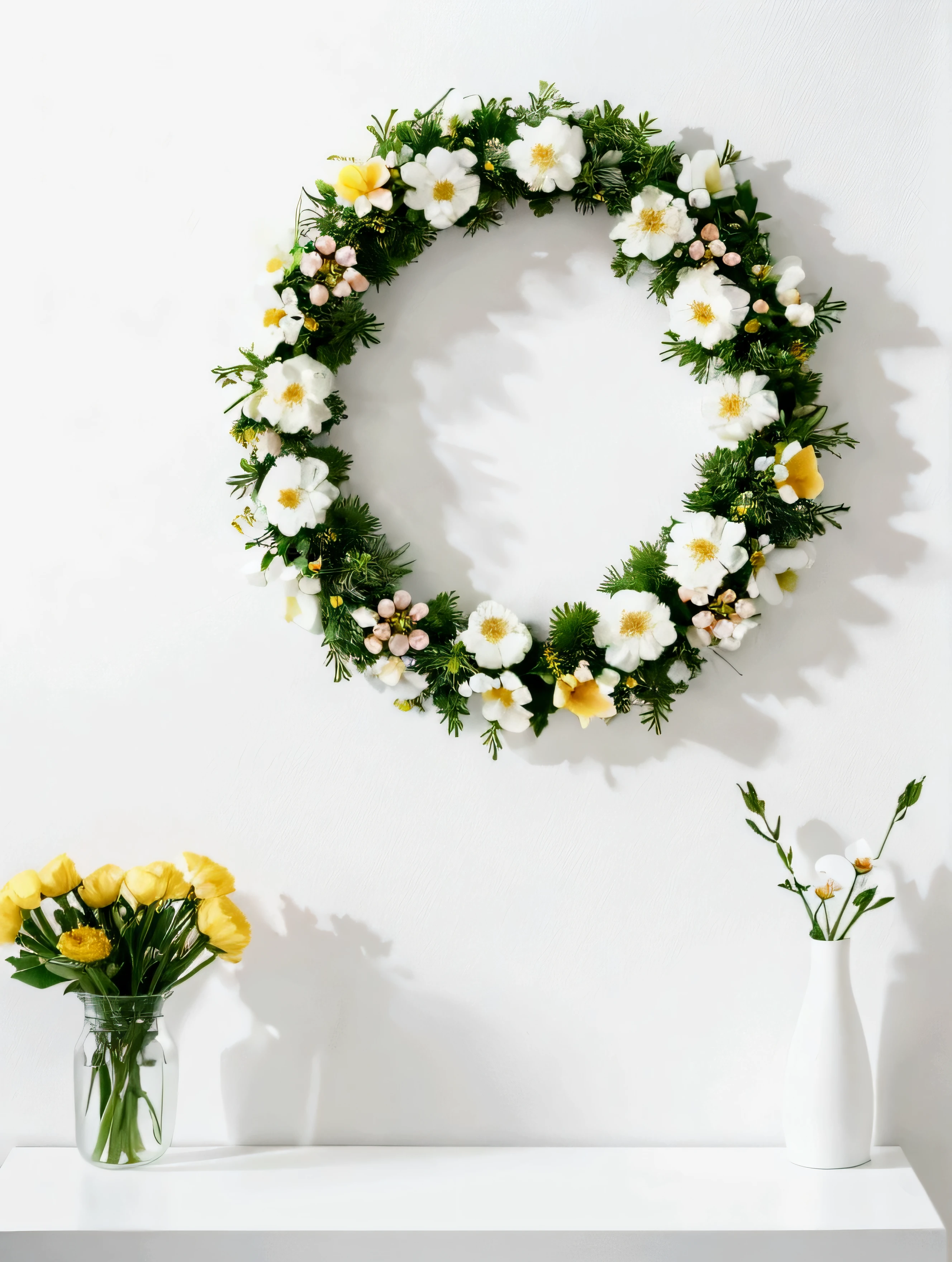 White background,a wreath, Made of flowers, Perfect minimalist composition, , elegant composition, Beautiful composition 3-d 4k, Background still life photo