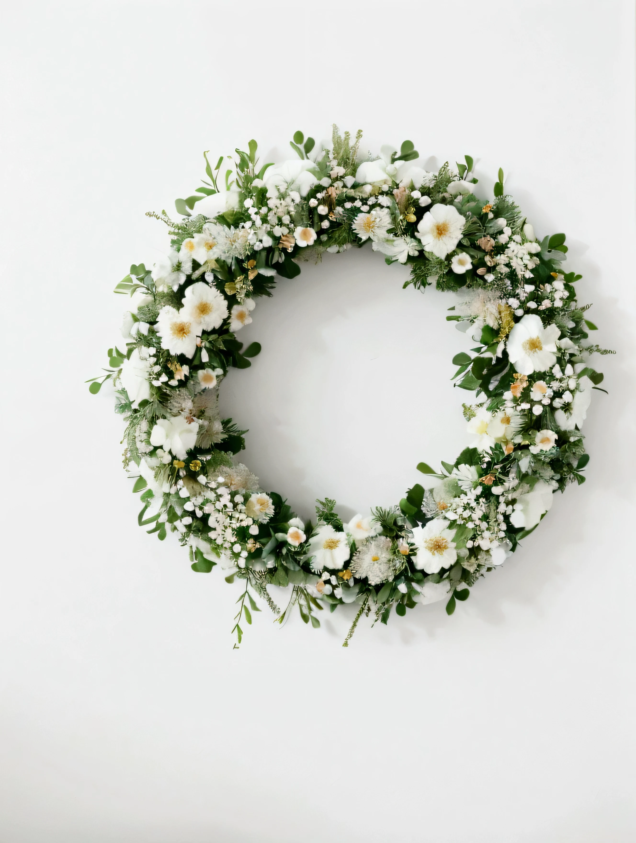 White background,a wreath, Made of flowers, Perfect minimalist composition, , elegant composition, Beautiful composition 3-d 4k, Background still life photo