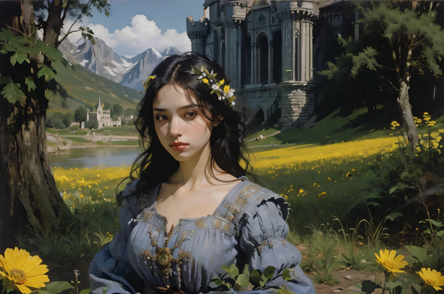 a full body girl wearing a purple and white medieval dress dancing in a battlefield,with a great castle mid a open landscape,detailed eyes and mouth,megalomania,city ruins,bealtifull landscape,yellow flowers field,old trees,little lake on corner,detailed,oil painting,noise,film grain,renascentist,frame,art style,art nouveau,far camera,shadow of the colossus,fellings