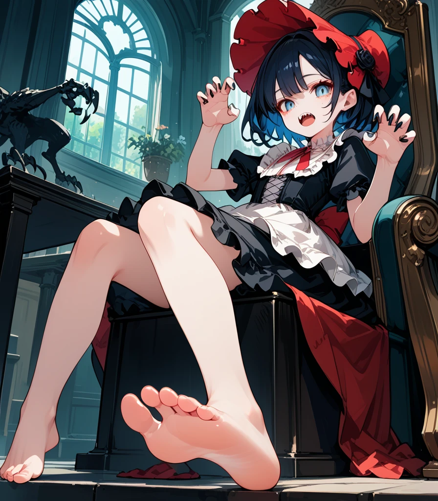 score_9, score_8_up,score_7_up,black hair,black bonnet,baggy vampire costume,darkblue hair,wavy short hair,open mouth,double teeth,claw pose,sitting on throne,barefoot,foot focus,from below,bare legs,pale skin,