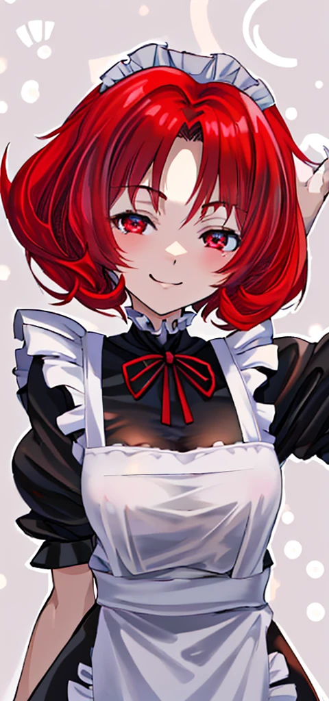 Red hair，Hair growing to the neck，Slightly short，Self-made roll，Black maid outfit，Cold expression，1.53 meters，Big Breasts，Shorter，Good posture，Sharp eyes，High and cold，Smiling，Front view，The body is strong，