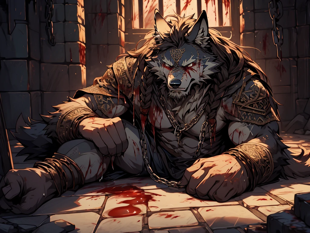 (best quality), (photorealistic:1.2), (masterpiece:1.3), (realistic detail:1.2), highest quality, ultra detailed, 8k, RAW photo, (mature male wolf:1.3), (general),(defeated),(damaged body),(extreme detail:1.3), (gray fur:1.2), facial hair, long hair, white braided hair, (blood:1,6),(elderly:1.2), (emaciated:1.3), nude, (muscular:1.3), (battered body:1.4), bleeding, (heavily scarred:1.4), shackled, (chained:1.4),(chains wrapped around his arms and main body ), (dungeon:1.3), (torture:1.3), (extreme pain:1.5), (semiconscious:1.3), (weak:1.4), (suffering:1.5), (dim lighting:1.2)