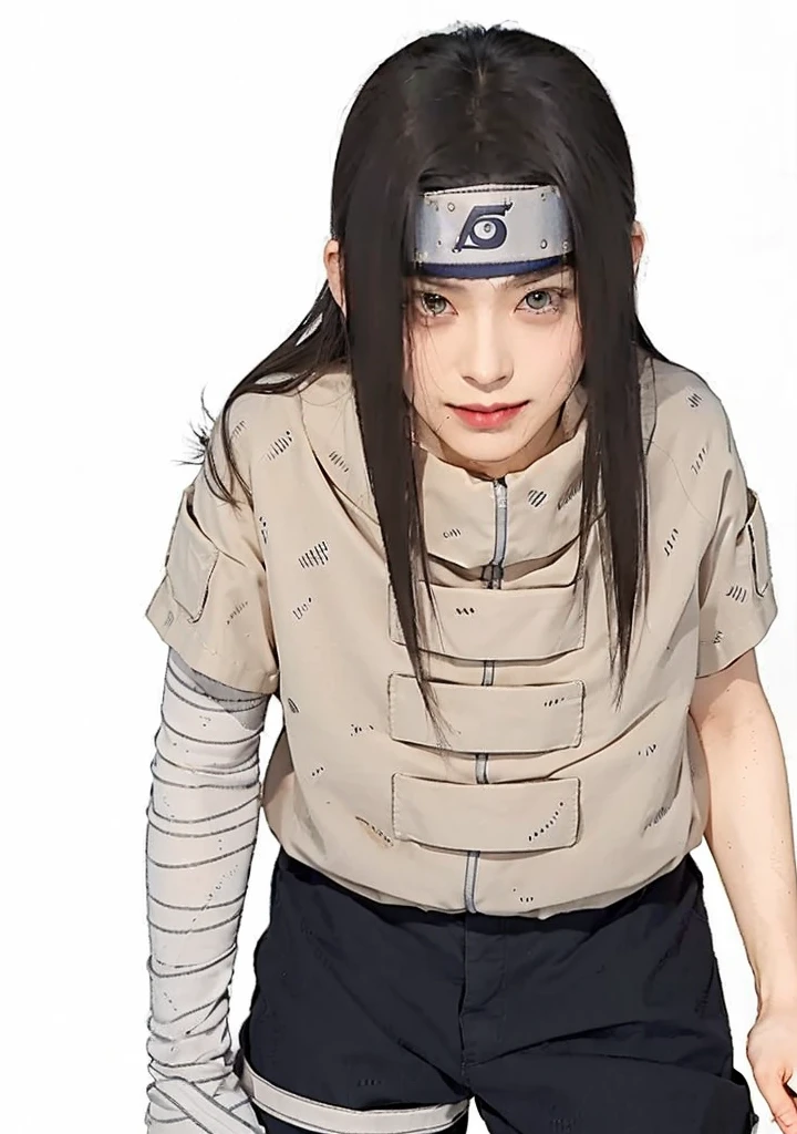 1 male, Neji Hyuga in Naruto Shippuden, Long Hair , Black Hair, White eye, good looking, smile, White clothes, Realistic clothes, Clothing Details, Beach City Background, Super detailed, Realistic