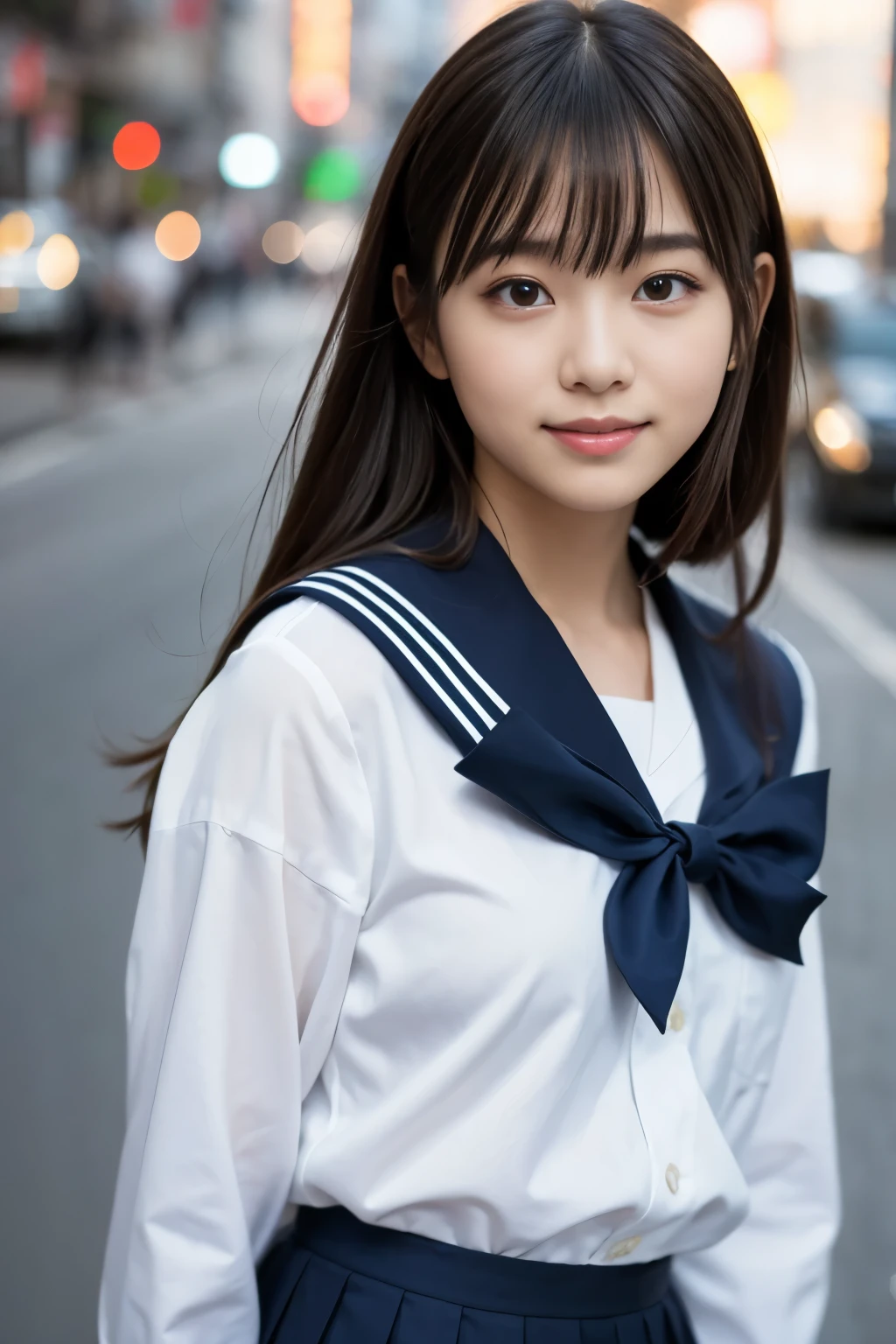 1 Japan girls,  (Photo realistic:1.2), (Surreal:1.2), (Smooth lighting:1.05), 18 years old, (Beauty, Cute face:1.2),  (White shirt, Sailor , Navy blue pleated skirt:1.2), Soft lighting, Backlight, (Top quality real texture skins), Dark brown hair, With bangs, Super detailed face,, Anatomically correct, Acura, Super detailed, Textured skin,  Attention to detail, Highest quality, High resolution, smile,