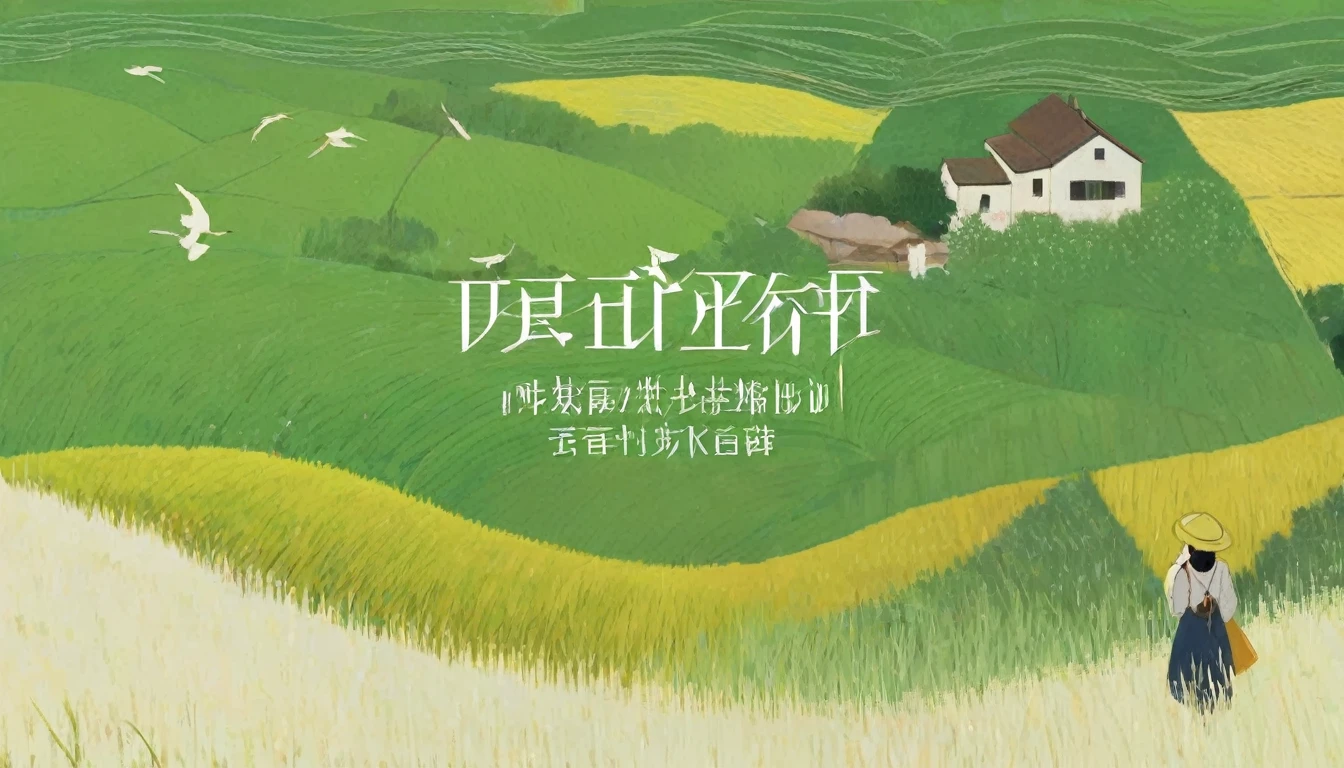 A beautiful illustration, Endless rice fields, half yellow half green, Will Barnett (Will Barnet) modeling, Attached are 50D movie stills, Idyllic, Rural, panoramic,