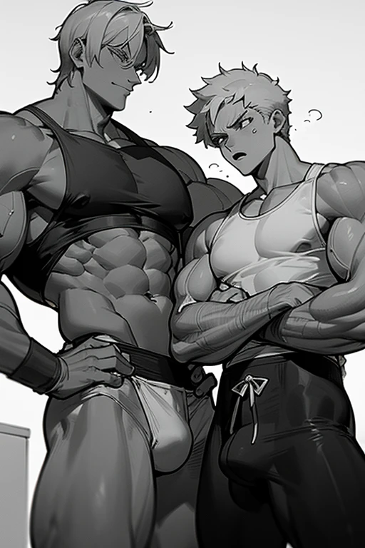 Sanji and Roronoa Zoro from One Piece in a kitchen. Sweating. Drinking protein shakes. Growing bigger muscles and crotch bulges. Both have trained themselves to look and act like big dumb bodybuilder jocks. Blending in with the other bodybuilder jocks. Assimilation. Dumb jock bros. Blank stares. Hyper crotch bulges. Dumber and dumber. IQ drain. Both equally muscular. "Bro, I feel ... kinda ... uhhh ... stupid...? Like my head gets ... dumber, and ... dumber, and ... dumber..... I'll ... be dumb ... for Coach.... Bigger and bigger ... dumber and dumber.... Huhuhuh.... Yes, Coach. A good dumb jock is big and dumb. A good dumb jock's what I'll become...." Chuckling vapidly. Hyper biceps. Hyper triceps. Broad shoulders. Thick, meaty hyper pecs. Hyper traps. Tank tops. Blank stare. Open mouths. Vapid. bro. bodybuilder. IQ drain. Jock. hypnosis. dumber. Big crotch bulges. Dumbing down. Brainwashing. Giant muscles. Hyper muscles.  Dumber and dumber. Bigger and bigger. Muscleheads. Meatheads. Jocks. Hypnotized. Hypnosis. Brainwashed. Brainwashing. Subliminal hypnosis.  Flexing. Tall and muscular.