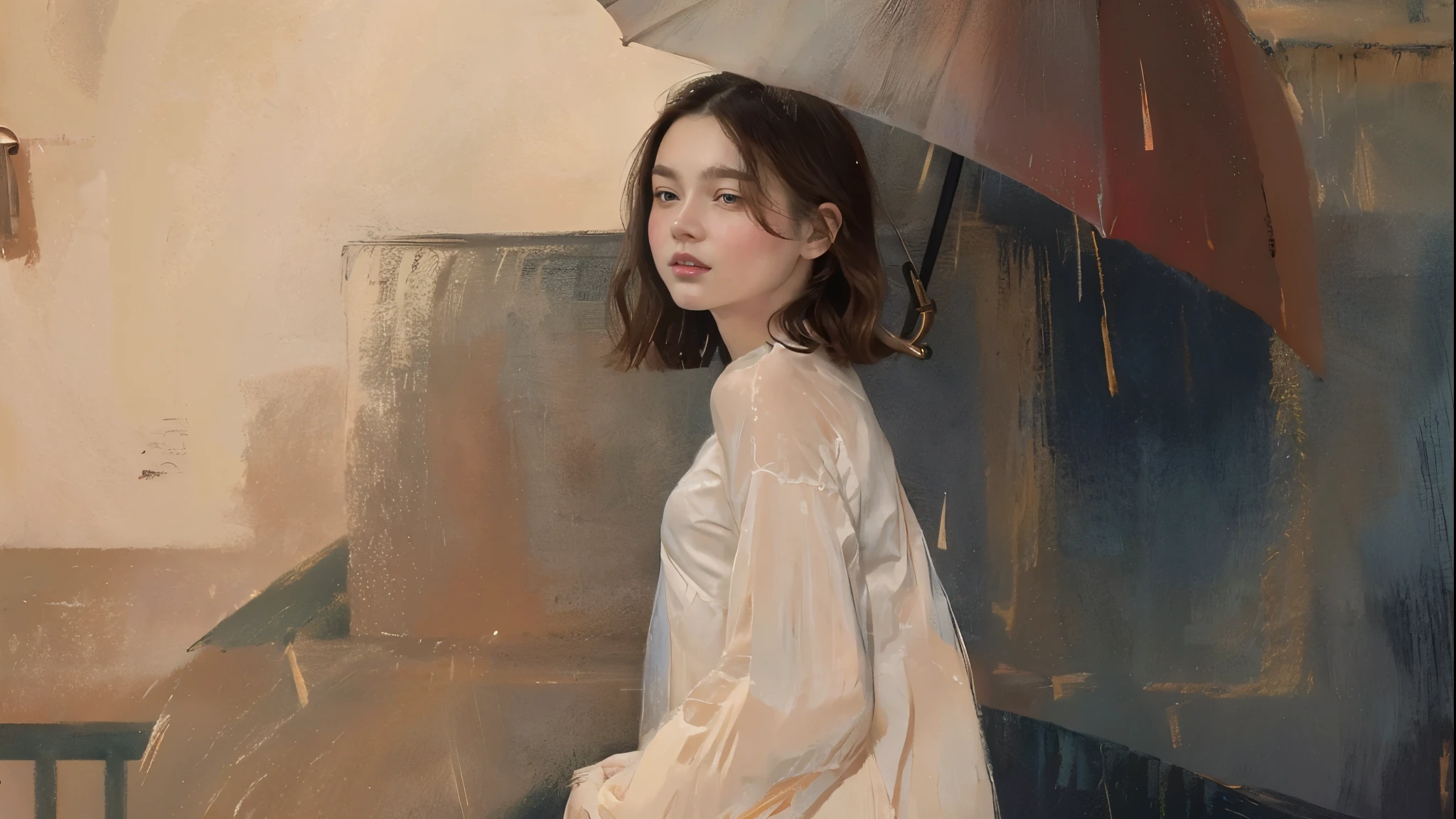 (Highest quality, masterpiece, Ultra-realistic), Portrait of a beautiful and delicate girl with a gentle and sad expression, Rainy background, Red Umbrella