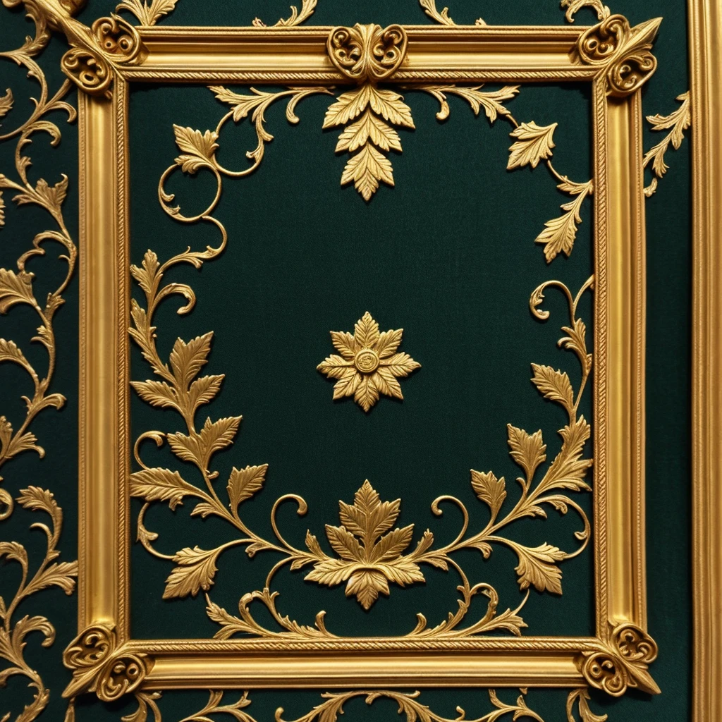 Create a Baroque-style background for a PowerPoint slide. The background should feature a rich, deep color such as burgundy, emerald green, sapphire blue, or aged gold. The texture should resemble brocade or velvet fabric, with a subtle pattern to add depth and sophistication. Include ornate gold patterns evenly distributed across the background, featuring volutes, floral garlands, and acanthus leaf motifs typical of Baroque design. Add a subtle lighting effect that mimics soft light falling on the fabric, with a light gradient to enhance dimension and realism. The edges should have delicate details, such as an ornate gold frame with filigree and classical Baroque decorations.