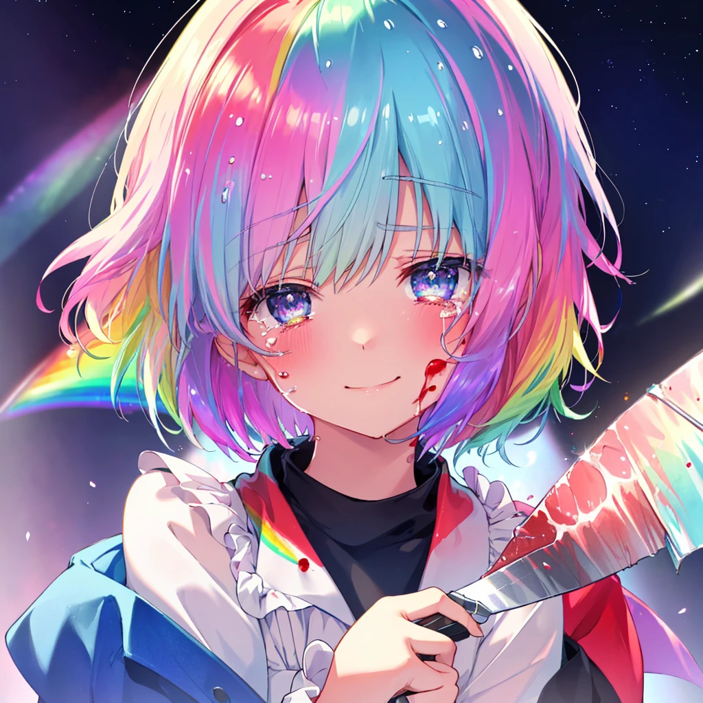 (((Extreme close-up　tears　smile　Hold a knife with both hands　Bleeding on the cheek)))　((輝くtears　Rainbow Hair　Rainbow Eyes　Short Hair　Receiving the light　smile　Rainbow light　Aurora))　(Shining Edge　Pillar of Light)