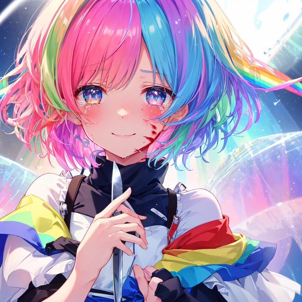 (((Extreme close-up　tears　smile　Hold a knife with both hands　Bleeding on the cheek)))　((輝くtears　Rainbow Hair　Rainbow Eyes　Short Hair　Receiving the light　smile　Rainbow light　Aurora))　(Shining Edge　Pillar of Light)