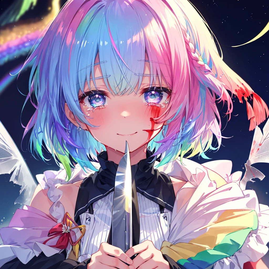 (((Extreme close-up tears smile Hold a knife with both hands Bleeding on the cheek))) ((輝くtears Rainbow Hair Rainbow Eyes Short Hair Receiving the light smile Rainbow light Aurora)) (Shining Edge Pillar of Light)
