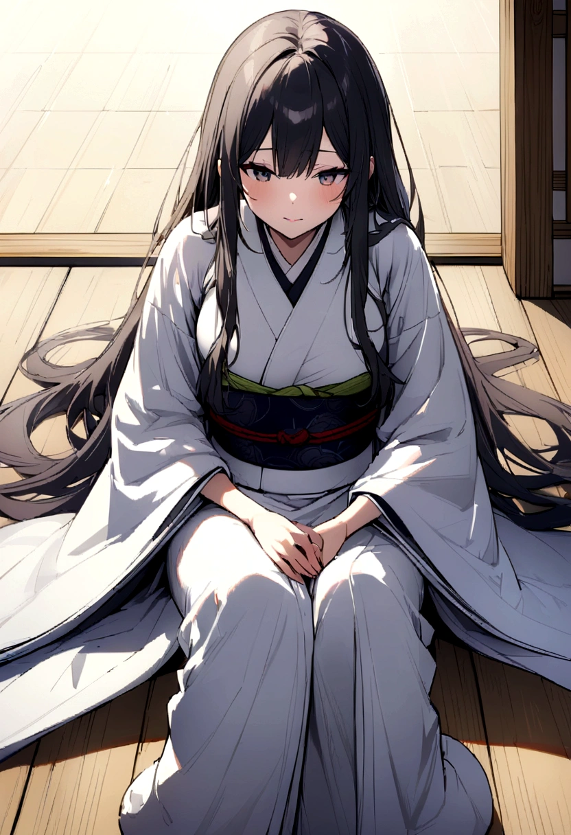 Long-haired woman sitting on the floor、front、kimono