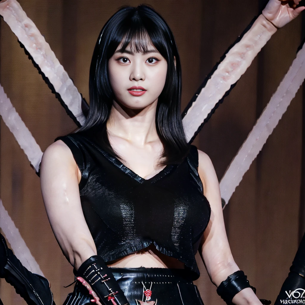 Highest quality，masterpiece，Very detailed, 8K，Beautiful 27 year old Japanese woman:1.5, Small face, blunt bangs, Crucifixion, (Detailed black K-pop idol outfit:1.5),　Breast Augmentation Surgery, Very detailedな臭い脇の下、　Live Stage、　tall