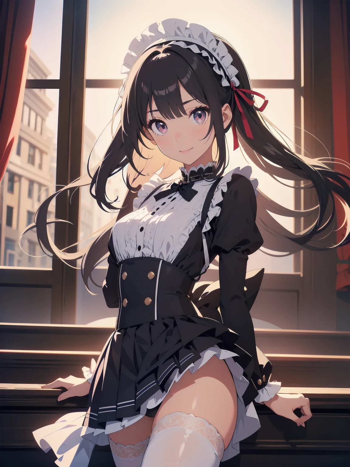 Masterpiece, Details, Solo, 1 Girl, Middle School Girl, Slender, , Fluffy Girlishly Cute and Stylish Attire, Fururu, Lace, Gothic Lolita Dress, Hair Ribbon, Smile, Black Tights, Cute Underwear, Stylish Hair, Big Eyes, Full Lips, White Catsuit, Princess Shoes, Beauty Legs, hair ribbon, hair band, pleated skirt, stirring motion, staring at you on date, sharp focus, perfect face, detailed face and eyes, dynamic, lively, shadows, colorful, mysterious, movie lighting, cute pose for model shoot
