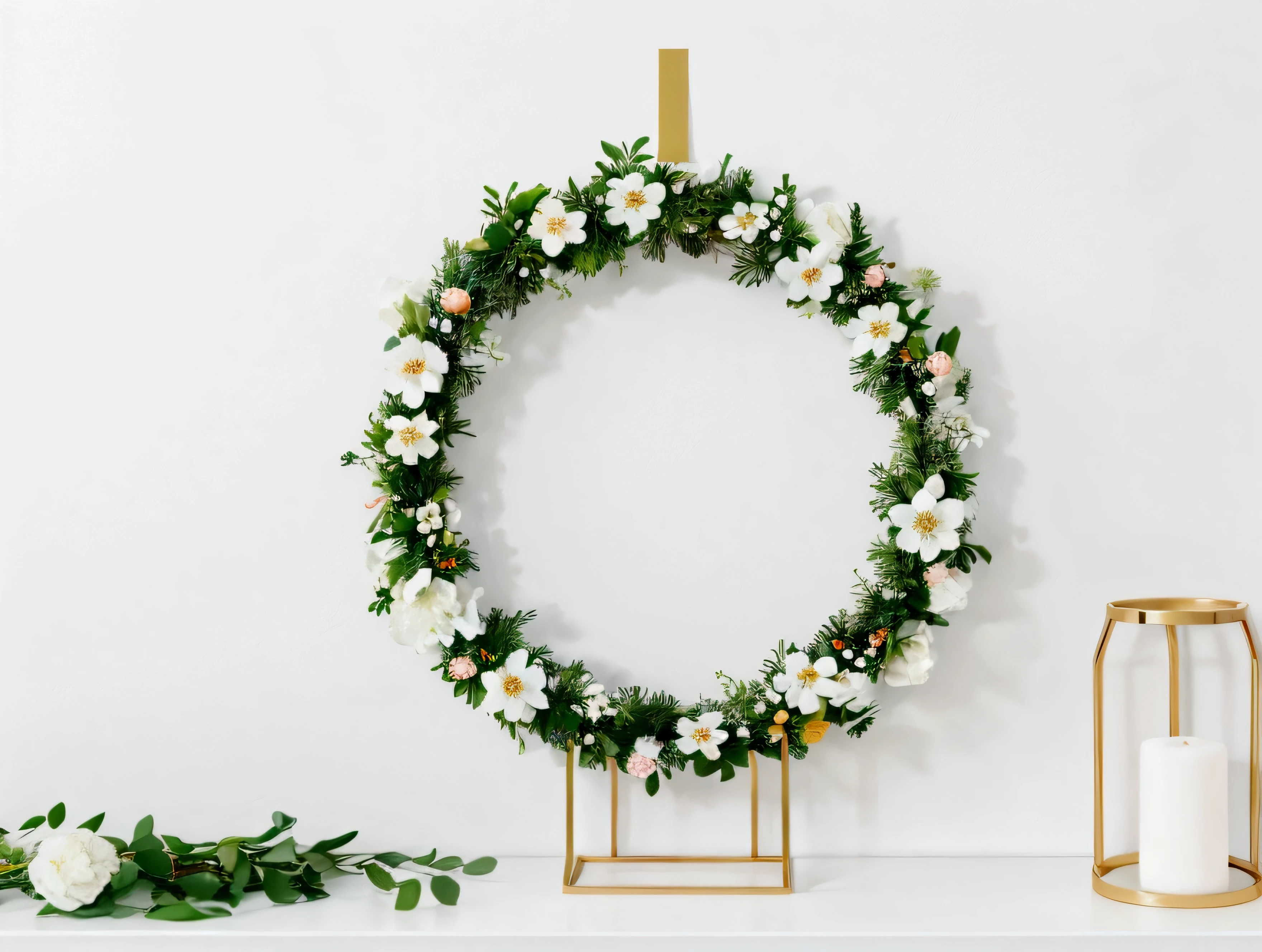 White background,a wreath, Made of flowers, Perfect minimalist composition, , elegant composition, Beautiful composition 3-d 4k, Background still life photo