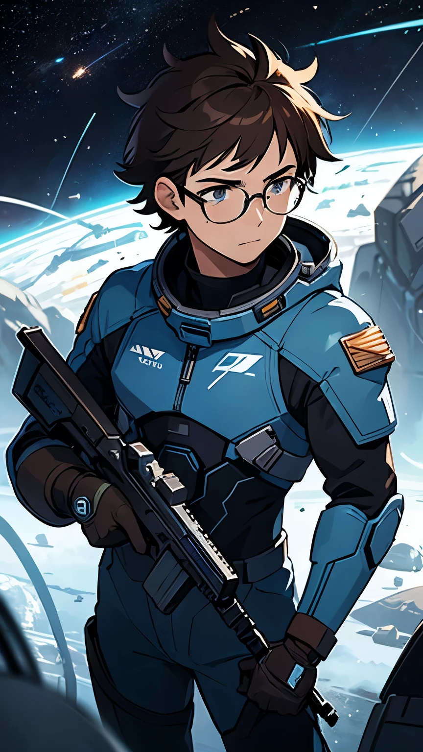 Adult male, fair skin, dark brown hair, messy hair, blue glasses, wearing a space combat suit, holding a futuristic weapon, on an unknown planet
