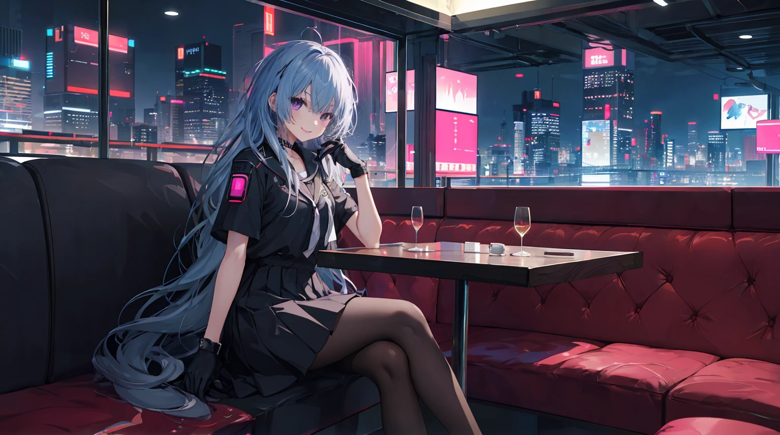 A girl,Solitary,Pink long hair,Moderate,Smile,Medium-length hair,Messy hair,Short sleeve,Short sleeve游戏服,Black skirt,Black gloves,Cyberpunk Characters,night, night city background,Cyberpunk, Anime style 4K, Sitting on the sofa,indoors,In the restaurant,Black Ayase Eue、Character-centered