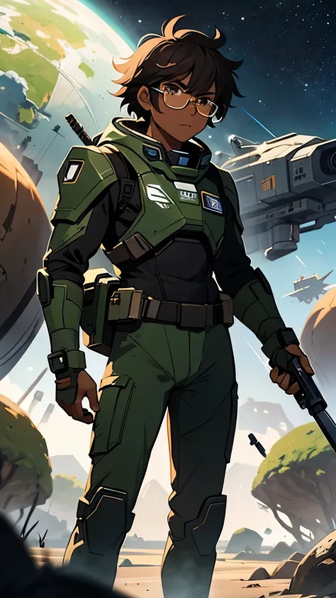 adult male, dark skin, dark brown hair, messy hair, green glasses, wearing a space combat suit, holding a futuristic weapon, on ...