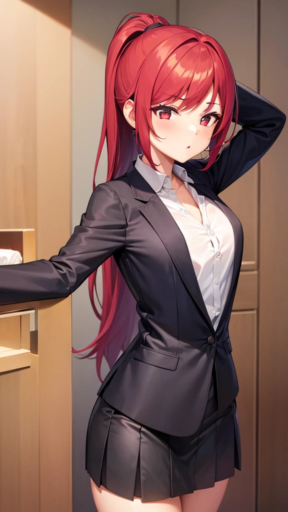 1girl, underwear, tight shirt, open blazer, lingerie, big chest, long torso, red hair, ponytail, shiny skin, cupboard stretching upwards