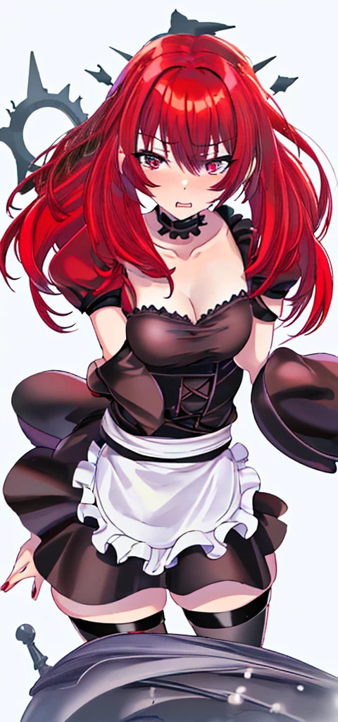 Red hair,Hair growing to the neck,Slightly short,Self-made roll,Black maid outfit,Cold expression,1.53 meters,Big Breasts,Shorter,Good posture,Sharp eyes,High and cold,Chuckling,Front view,The body is strong,