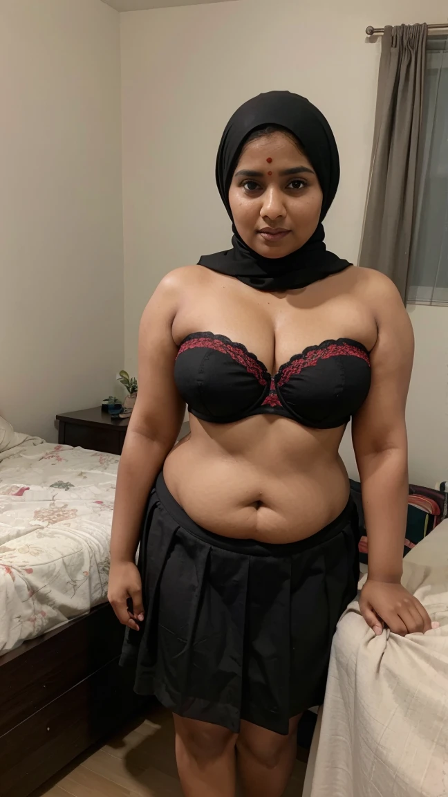 Realistic, 4K,38 yo, indian Kerala chubby fat hijab housewife,wearing strapless black bra and red skirt, fair skin, standing at bedroom , showing cleavages