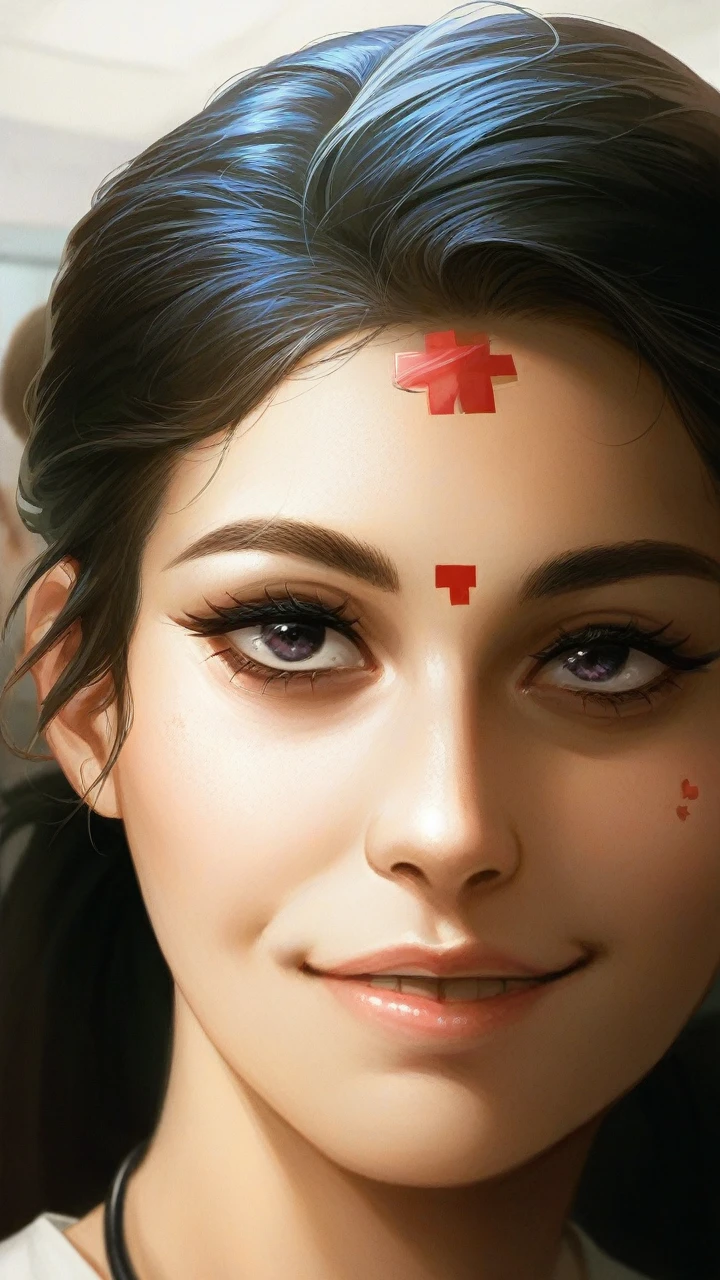 close up photo of 30 years old nayanthara in a hospital doing treatment with stethoscope, showing big breasts, smile, deep cleavage, look at camera, white nurse scout uniform, ponytail, 4K, HD