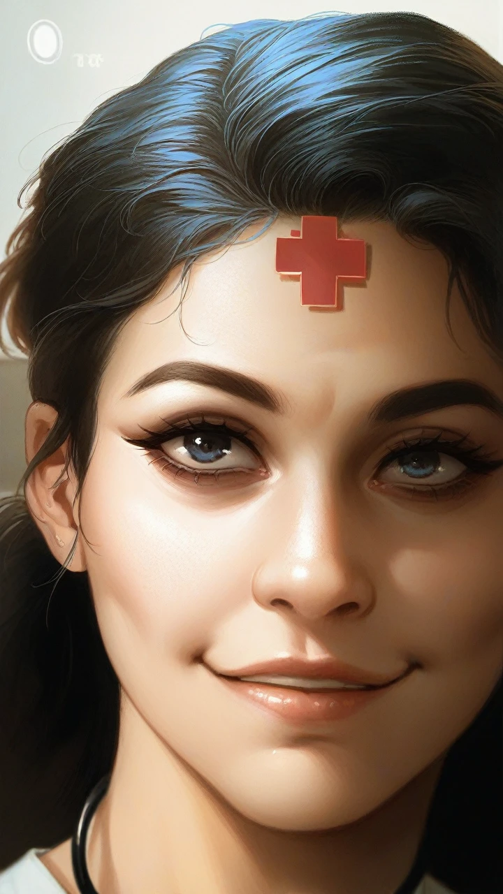 close up photo of 30 years old nayanthara in a hospital doing treatment with stethoscope, showing big breasts, smile, deep cleavage, look at camera, white nurse scout uniform, ponytail, 4K, HD