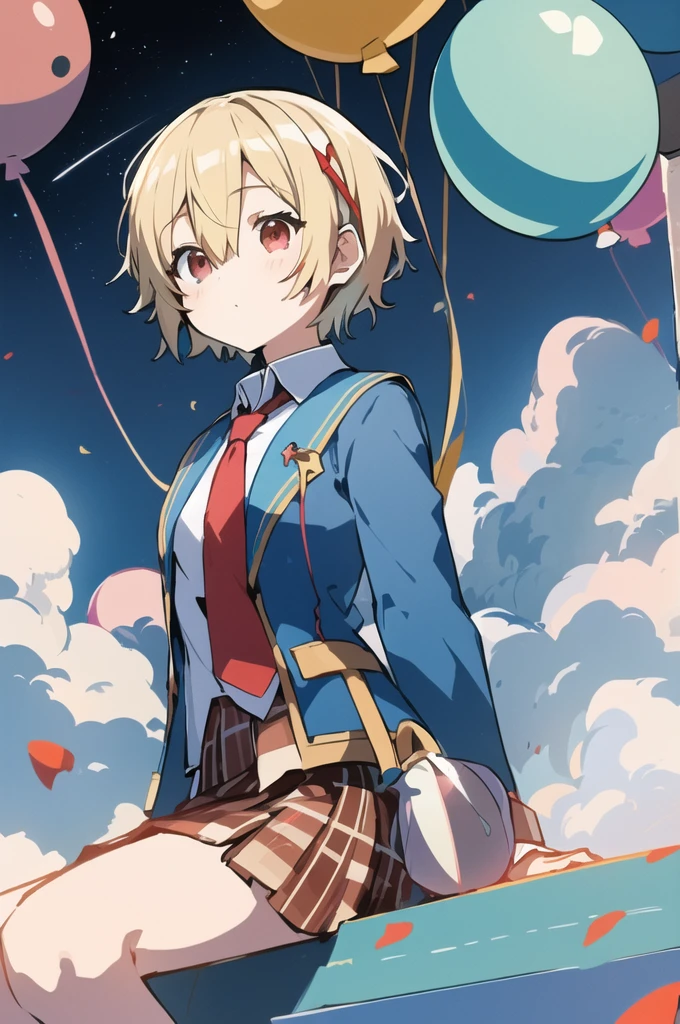 ([balloon:small planets:0.5]:1.4), (small_planets inside of balloon:1.4), (A lot of colorful small_planets:1.35)
(colorful planets, Earth, Floating Petals, big balloon:1.22),
1 Girl, Cute face,
whole body, Sitting, Beautiful eyes in every detail, barefoot, Outfit combinations, goddess, Perfect body, [Browsing Caution:0.88]
(Sitting on ice_planet:1.22)
(A lot of [Floating blue butterfly:floating ice:0.4]:1.22)
(Detailed light), (Very delicate and beautiful), Volumetric Light, Best Shadow,Cinema Lighting, Depth of written boundary, Dynamic Angle, Oily skin,(Barrette)、(((Hair on one eye)))、(((Blonde short hair))),(Red eyes)、(((Blue blazer)))、(White shirt)、(Red tie)、(((Brown plaid skirt)))、