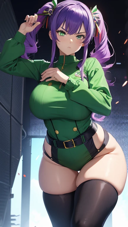 Anime serious girl, Zara, zara's pigtails hairstyle, 2 toned purple hair, light green eyes, serious face, huge and round buson, gorgeous plump body, green soviet uniform, bullets belt, blade in hand, Dynamic pose, action position