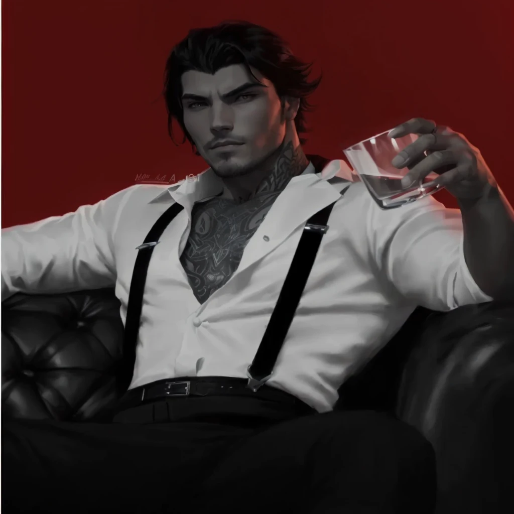 a black and white photo of a man sitting on a couch holding a glass, handsome guy in demon slayer art, sylas, handsome male vampire, epic and classy portrait, male vampire, commission for high res, jesse mccree, jacen solo, male art, artstation mans aesthetic, style of charlie bowater, as a character in tekken, neo noir style
