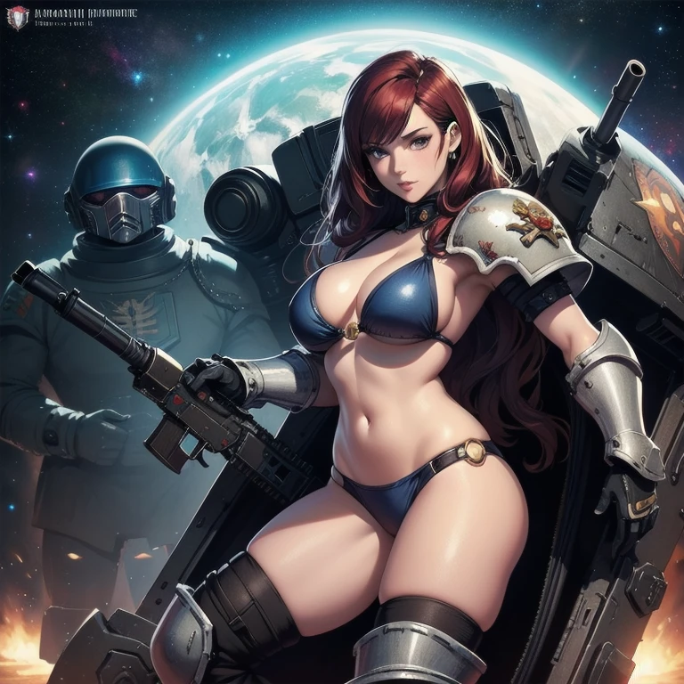 pin-up style drawing, female Warhammer 40k space marine, sexy pose, armored bikini, posing on the bridge of a space dreadnought, holding a space marine assault rifle, "For the Emperor"