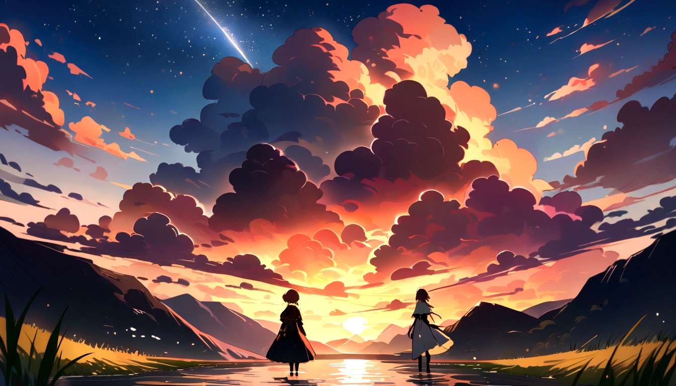 , river, Beautiful sunset, Big Clouds, Green Grass, sad mood, I can see the stars beyond the clouds, space, The sun&#39;s light illuminates the world, masterpiece, Mountain々