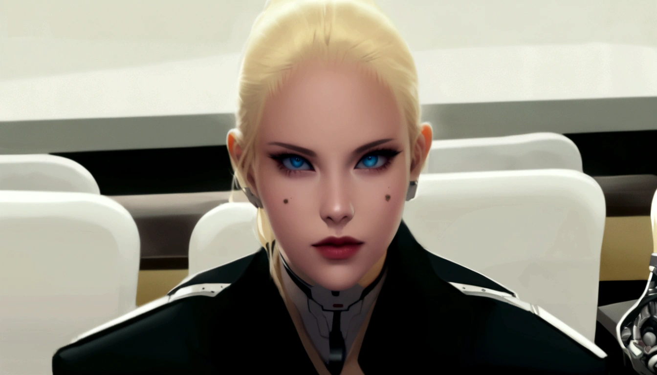 Blonde woman with blue eyes and tie sitting on a chair., Elle Fanning as android, Integrated synthetic Android., perfect android girl, looks like a mixture of dirt, looks like a mixture of dirt, she looks like a mixture of dirt, her face looks like an orchid, Hyperrealistic cyberpunk style, a cyberpunk 2077, similar to a mixture of dirt