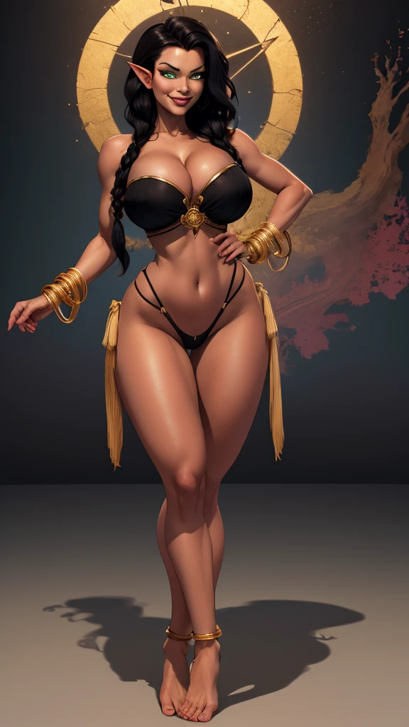 aazelda, long hair, pointy ears, dark skin, Green eyes, Long Black hair (braids), barefoot, (extremely detailed CG unity 4k wallpaper),(masterpiece),(best quality),(ultra-detailed),(best illustration),(best shadow),(absurdres),(detailed background), Tropical island, tribal girl, smirk, Wide hips, Thick thighs, big ass, Big breasts, Gold bangles,