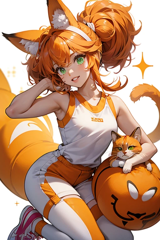 Cat has a brown skin-tone and light green eyes. Her lips are pink and she has whiskers and eyeliner. Her hair is orange and styled into two buns with bangs. She accessorizes her hair with an orange cat ear headband. Her outfit consists of an orange cat costume and white sneakers. SPARKLE; GLITTER