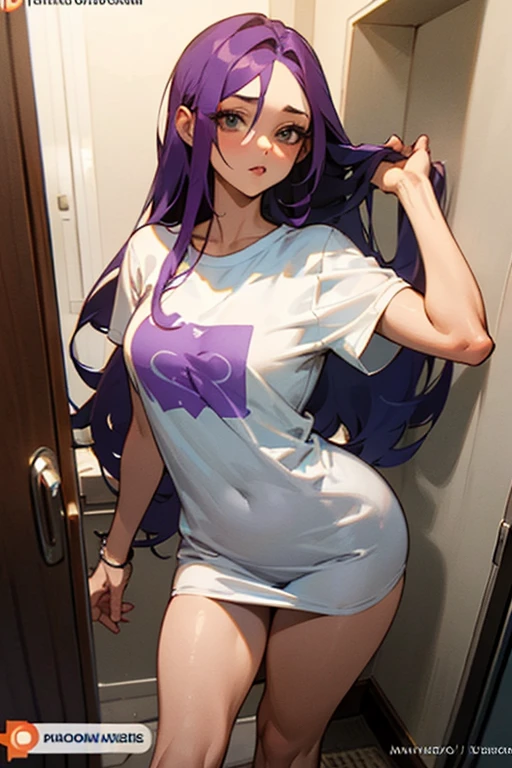 beautiful woman with long purple hair, is only wearing a shirt (T-shirt) white, big it even looks like a dress, she is not wearing any underwear. On the side of the bed (remove the watermark or anything written)
