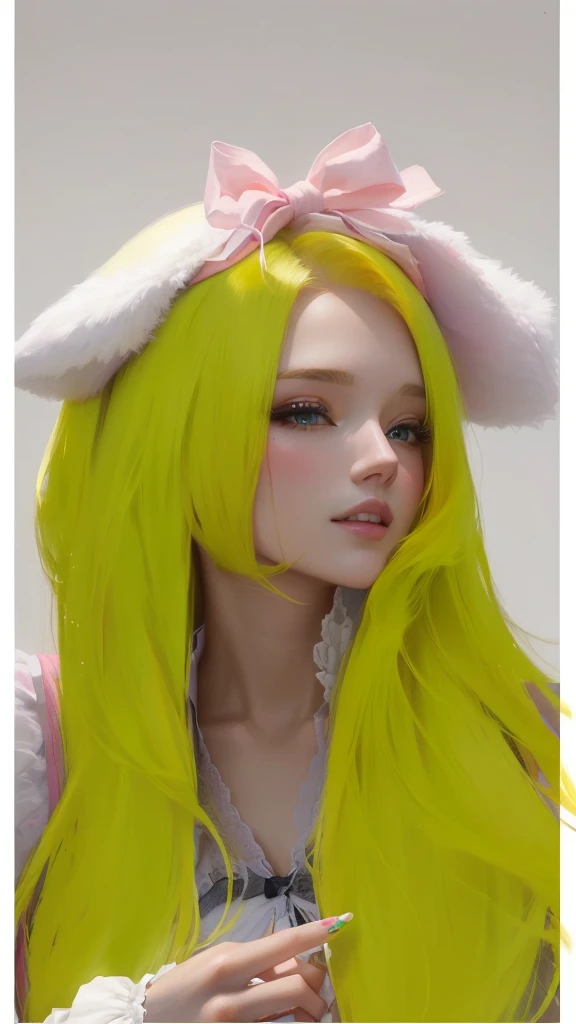 there is a woman with long Yellow hair and a pink bow, Yellow hair, painted in anime painter&#39;s studio, with rabbit ears largas y caídas, long Yellow hair, made with anime painter studio, with rabbit ears, light Yellow hair, guweiz, artwork in the style of guweiz, with big rabbit ears, CL, anime realism style, light yellow tone